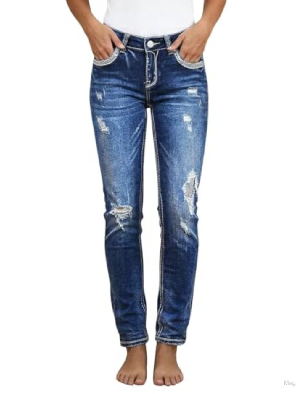 Mid Rise Ripped Curvy Skinny Jeans Stretch Denim Western Flap Pockets